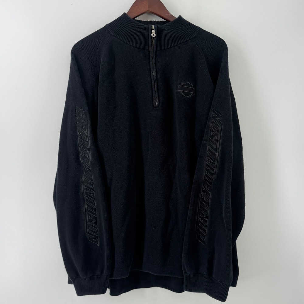 Harley Davidson Mens XXL Black Cotton 1/4 Zip Pullover Embroidered Sweater